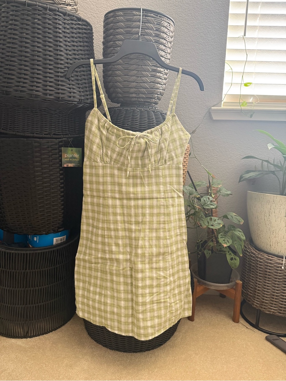 John Galt Light Green Plaid Spaghetti Strap Mini Dress